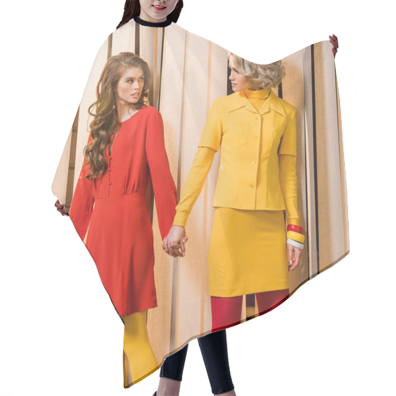 Personality  Women In Bright Retro Styled Clothing Holding Hands And Looking At Each Other, Doll House Concept Hair Cutting Cape