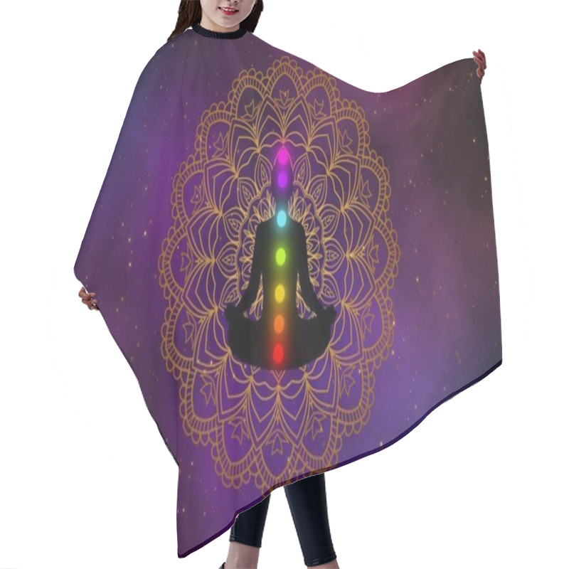 Personality  Silhouette Of Meditation Man With Seven Chakras Glow Up On Gold Mandala With The Beautiful Of Galaxy Space On Background. Hair Cutting Cape