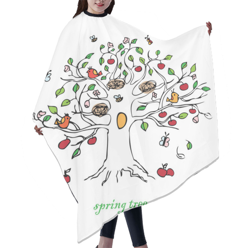 Personality  Spring Tree , Birds, Flowers On A White Background  Hair Cutting Cape