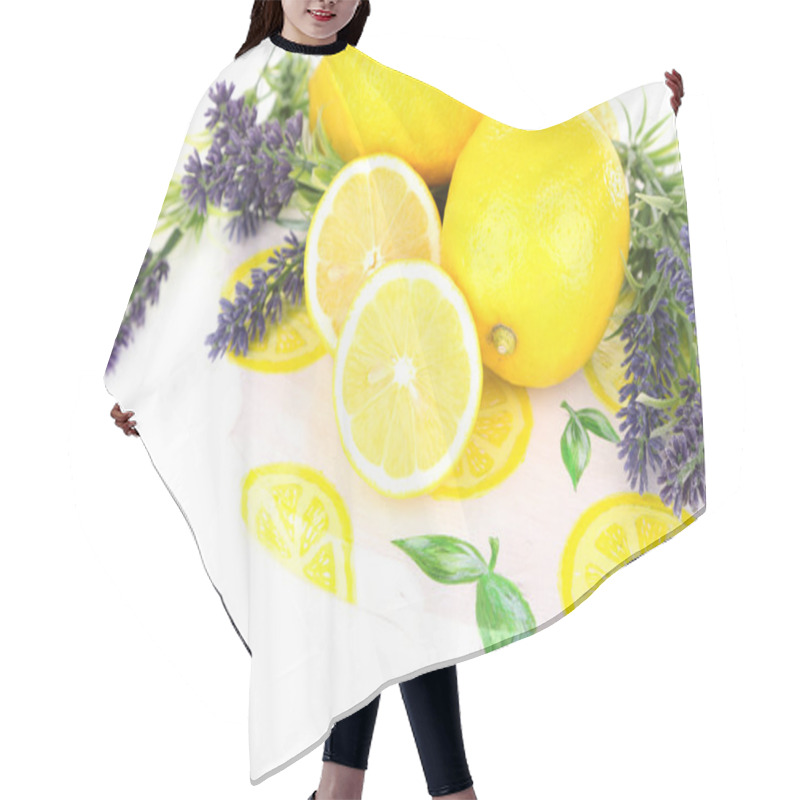 Personality  Still Life With Fresh Lemons And Lavender, Isolated On White Hair Cutting Cape