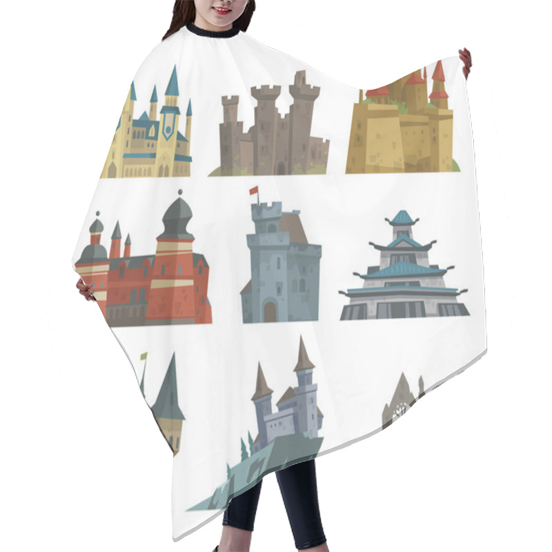 Personality  Cartoon fairy tale castle key-stone palace tower icon scarry knight medieval architecture building vector illustration. hair cutting cape