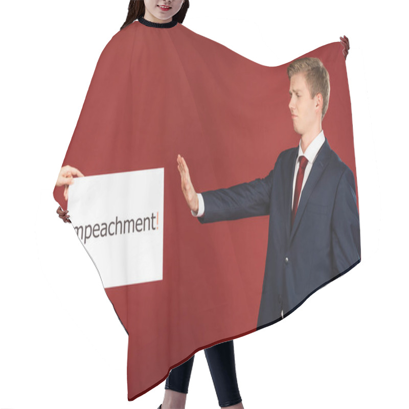 Personality  Emotional Man Showing No Gesture To White Card With Impeachment Lettering On Red Background Hair Cutting Cape