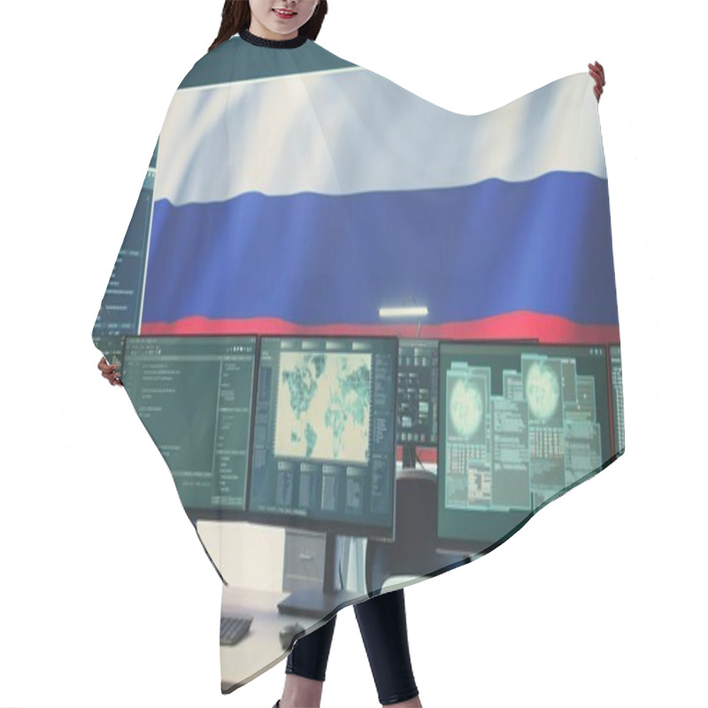 Personality  Empty Autocracy Cyber Defense Room With Russian Flag Running On Big Screen, Showcasing The Threat Of Cyberterrorism And Propaganda. Activities Of Russian Hackers To Spread Fake News. Camera B. Hair Cutting Cape