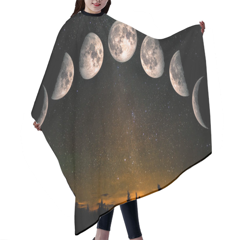 Personality  Phases Of The Moon: Waxing Crescent, First Quarter, Waxing Gibbous, Full Moon, Waning Gibbous, Third Guarter, Waning Crescent. Forest Landscape With Stars. The Elements Of This Image Furnished By NASA Hair Cutting Cape