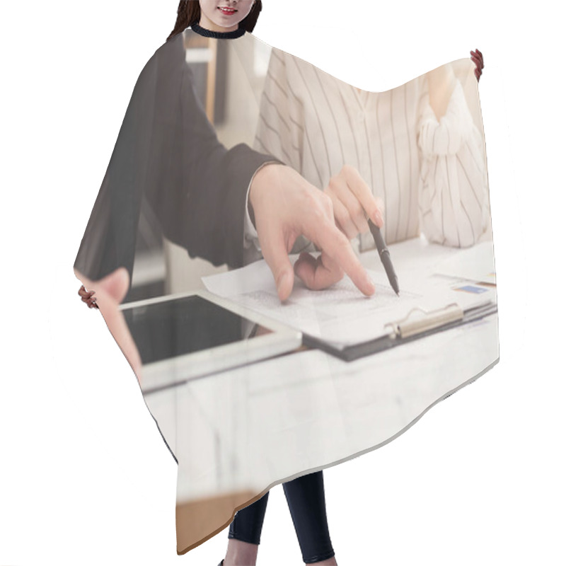 Personality  Business Colleagues Using Tablet And Working With Documents Hair Cutting Cape