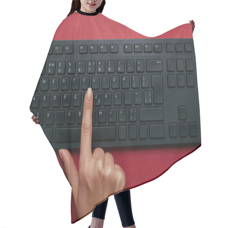 Personality  Cropped View Of Woman Pushing Button On Black Computer Keyboard On Red Background  Hair Cutting Cape