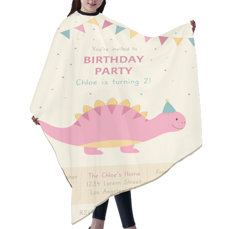 Personality  A Birthday Invitation. Hand Drawn Cute Pink Dinosaur. A Children's Poster Decorated With Flags. Vector Illustration. Hair Cutting Cape