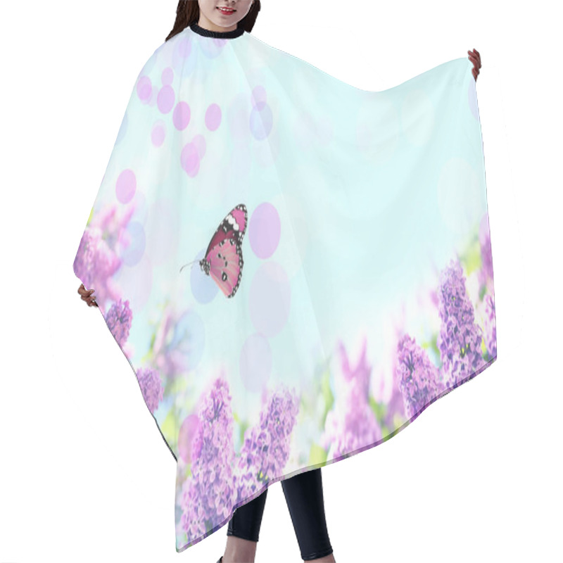 Personality  Beautiful Blossoming Lilac Shrubs And Amazing Butterfly Against Blue Sky Hair Cutting Cape