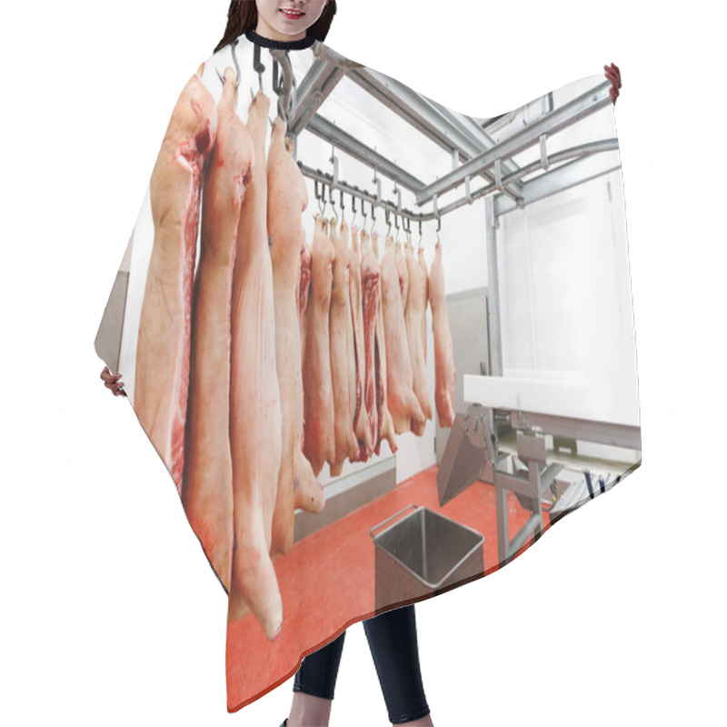 Personality  A Much Of Chopped Fresh Raw Pork Meat Hanging And Arranged In Row, In Processing Deposit In A Refrigerator, In A Meat Factory. Horizontal View. Hair Cutting Cape