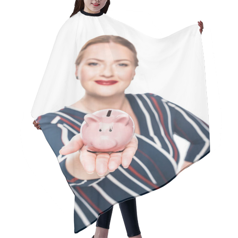 Personality  Selective Focus Of Businesswoman Showing Pink Piggy Bank Isolated On White Background  Hair Cutting Cape