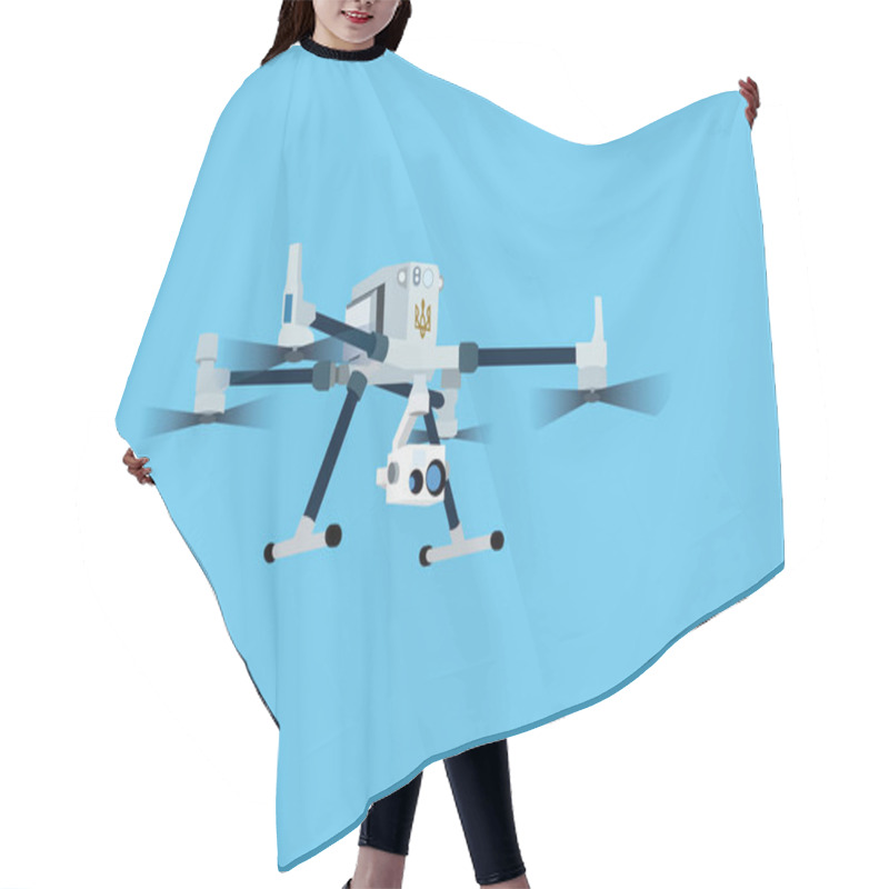 Personality  Illustration Of Cartoon Military Drone With Video Camera And Ukrainian Trident On Blue Background  Hair Cutting Cape