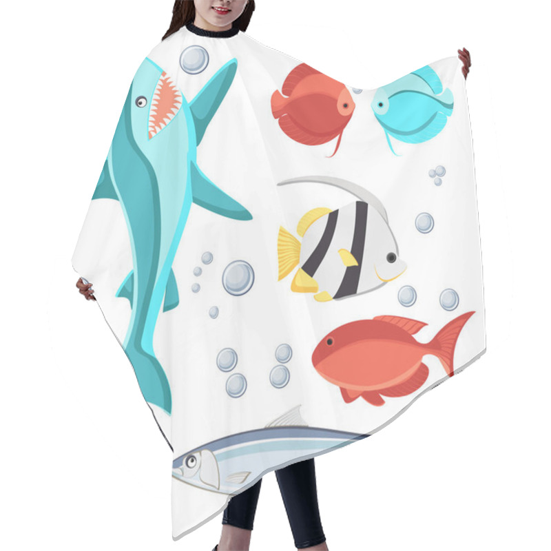 Personality  Cartoon Style Fish And Water Bubbles. Shark, Sardine, Discus, Zebrasoma, Butterfly Fish, Isolated On White Background. Hair Cutting Cape