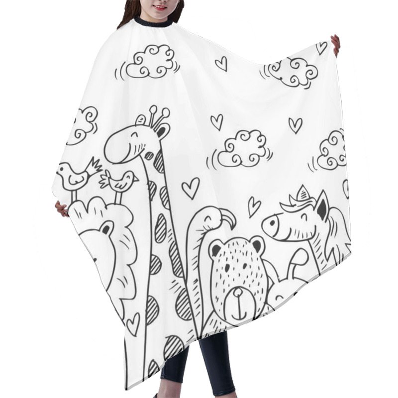 Personality   Cartoon Illustration With Cute Animals. Hair Cutting Cape