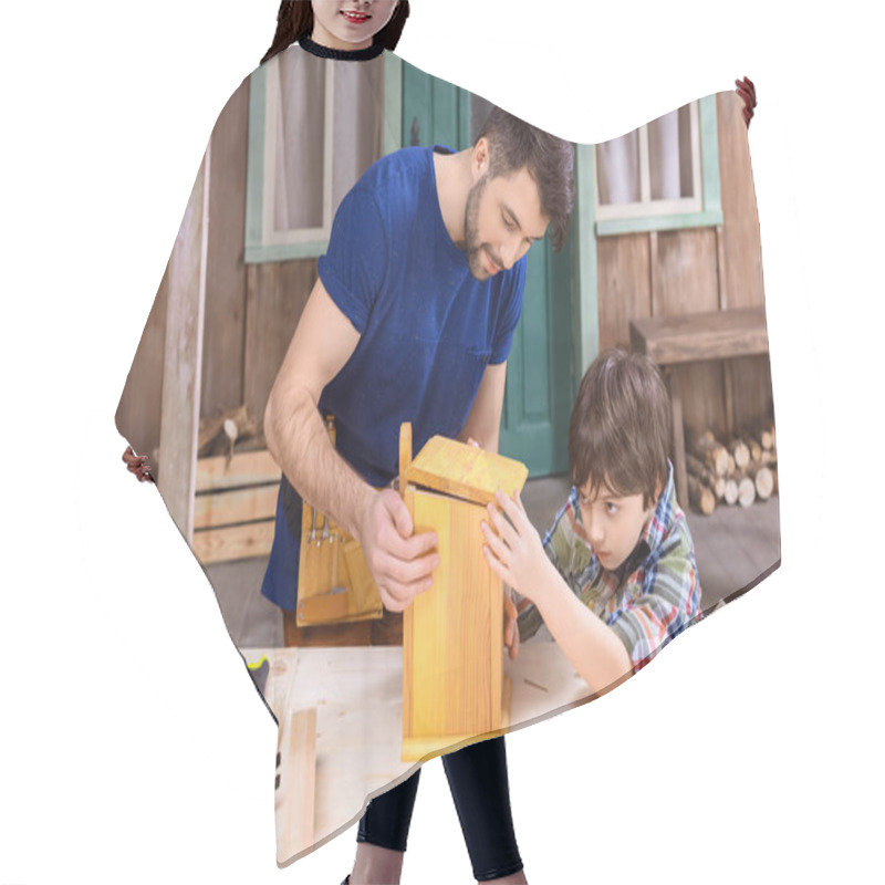 Personality  Father And Son Making Birdhouse  Hair Cutting Cape