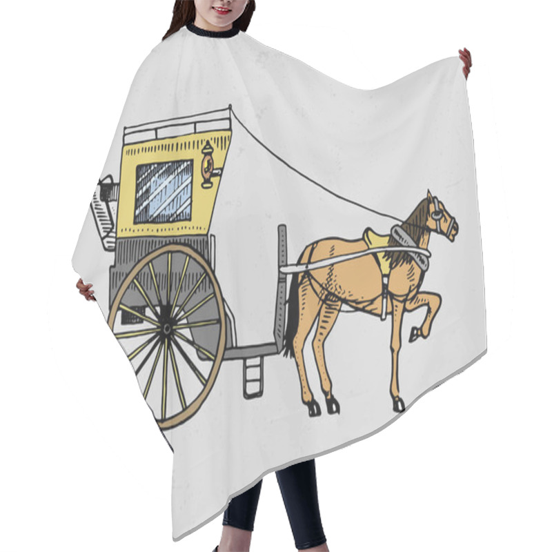 Personality  Horse-drawn Carriage Or Coach. Travel Illustration. Engraved Hand Drawn In Old Sketch Style, Vintage Transport. Hair Cutting Cape