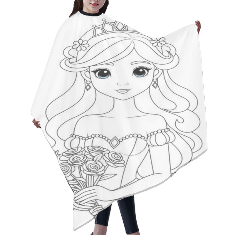 Personality  Coloring Page Chibi Princess With Flowers. Flat Vector Outline For Kids Coloring Book Hair Cutting Cape