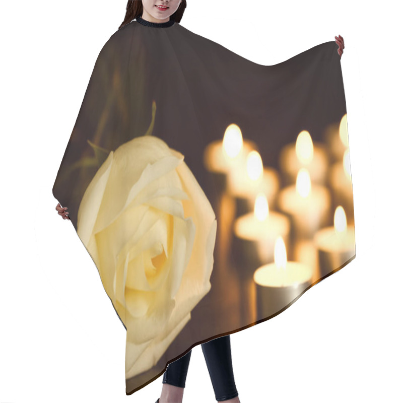 Personality  White Rose And Burning Candles On Table In Darkness. Funeral Symbol Hair Cutting Cape