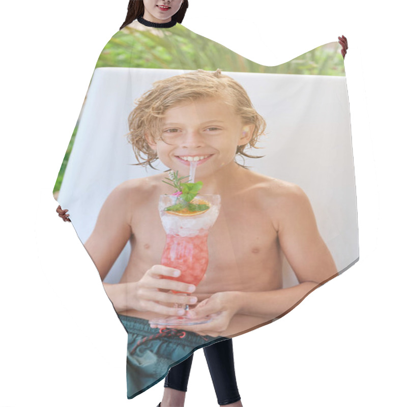 Personality  Young Preteen Boy Sitting On Chair And Looking At Camera While Enjoying Fresh Cocktail With Ice Cream In Sunny Outdoor Hair Cutting Cape