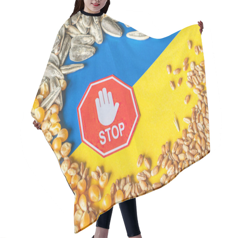 Personality  Wheat Grains, Corn And Sunflower Seeds On The Yellow And Blue Flag Of Ukraine With Stop Sign, Ukrainian Grain Crisis, Global Hunger Crisis Concept Due To War Hair Cutting Cape