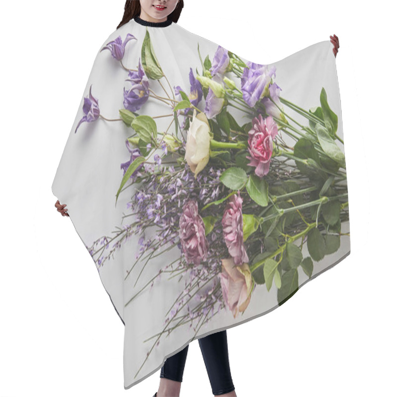 Personality  Top View Of Violet Flower Bouquet On White Background Hair Cutting Cape