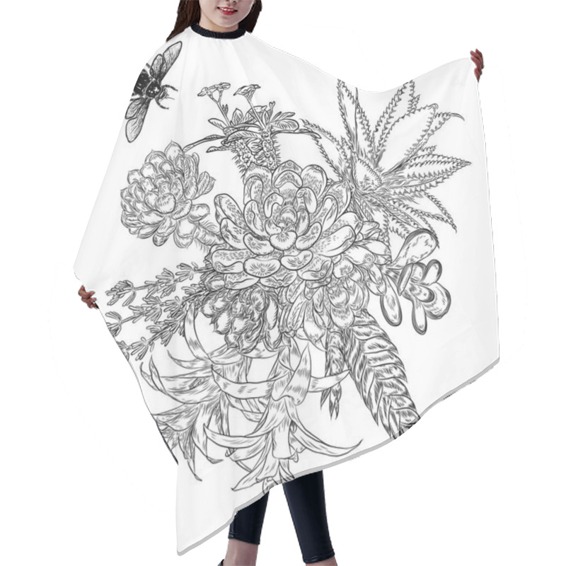 Personality  Exotic Bouquet Set With Insects And Bugs Flying. Flowers. Floral Collection With Various Plants. Sansevieria, Snake Plant, Red Ginger, Ostrich Plume, Pink Cone, Daisy, Roses. Hand Drawn. Vector. Hair Cutting Cape