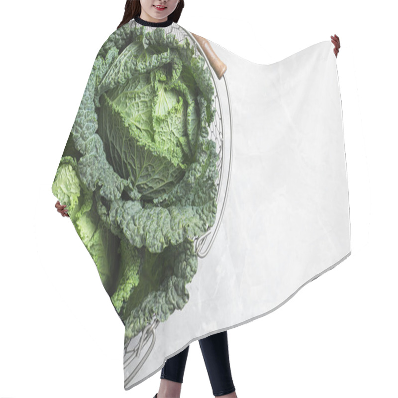 Personality  Fresh Green Savoy Cabbages On Marble Table, Top View. Space For Text Hair Cutting Cape