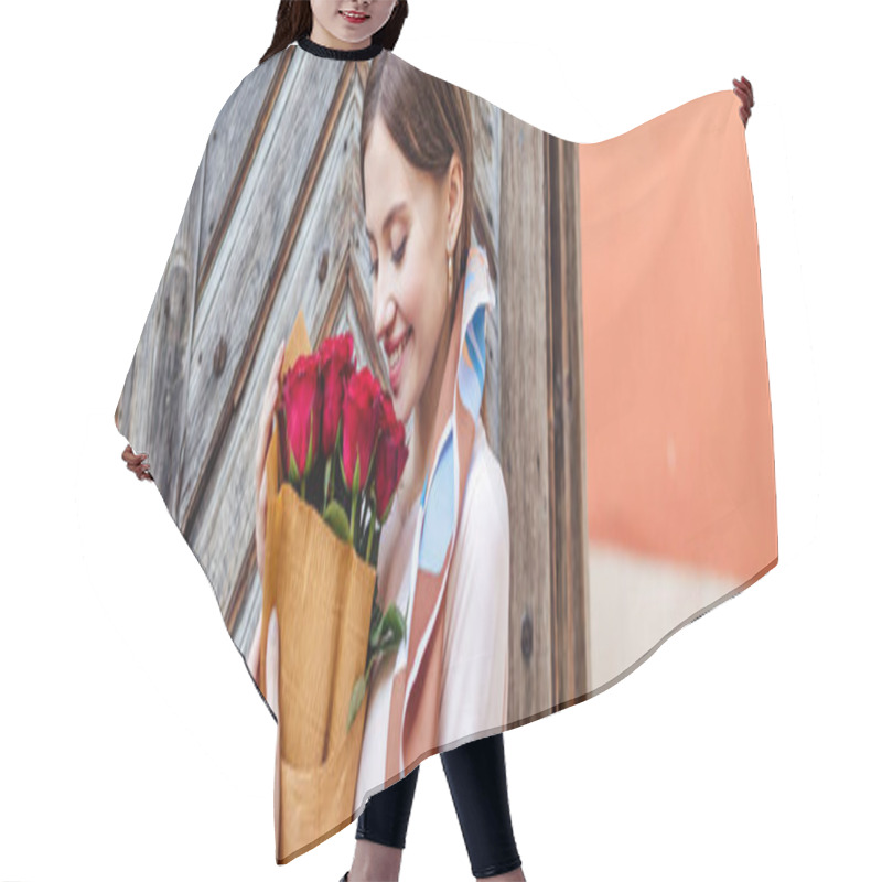 Personality  Happy Girl Holding Bouquet Of Red Roses While Standing Near Old Wooden Door Hair Cutting Cape