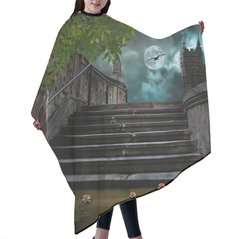 Personality  Old Stone Staircase In Celebration Of Halloween On Background Of Hair Cutting Cape