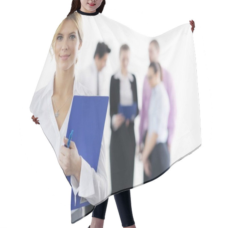 Personality  Business Woman Standing With Her Staff In Background Hair Cutting Cape