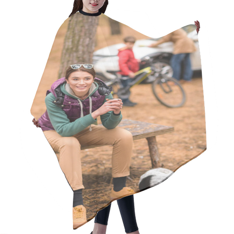 Personality  Smiling Woman With Hot Drink In Forest Hair Cutting Cape