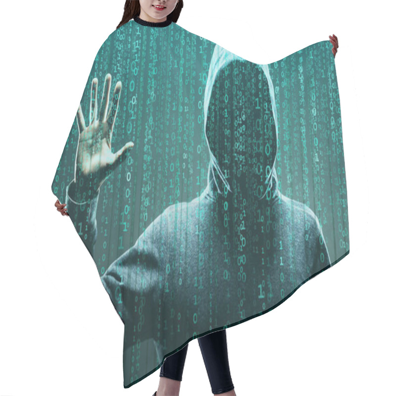 Personality  Computer Hacker In Mask And Hoodie Over Abstract Binary Background. Obscured Dark Face. Data Thief, Internet Fraud, Darknet And Cyber Security Concept. Hair Cutting Cape