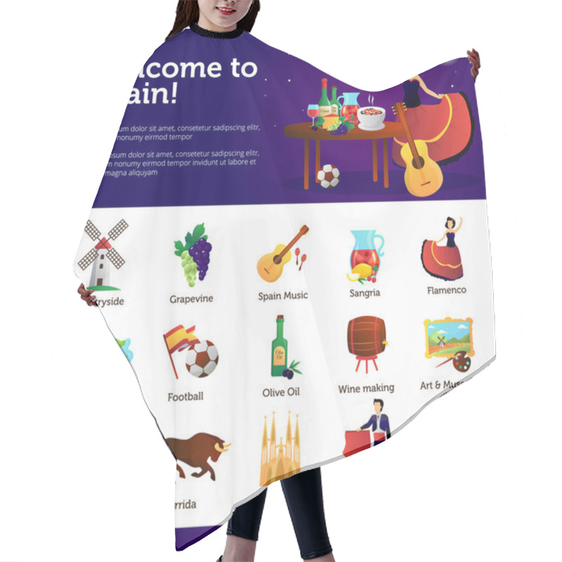 Personality  Welcome To Spain Infographic Symbols Poster Hair Cutting Cape