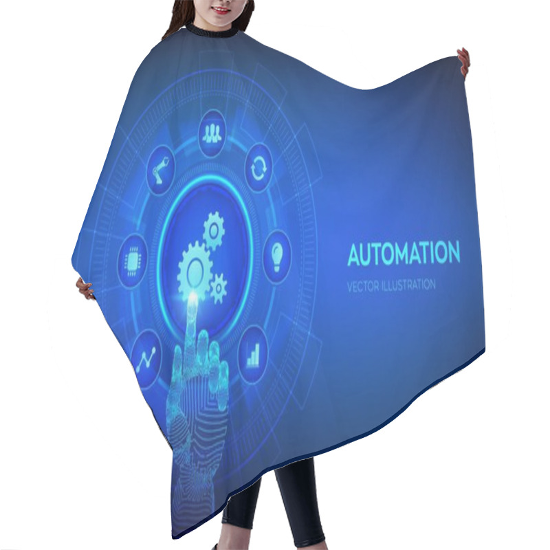 Personality  Automation Software. IOT And Automation Concept As An Innovation, Improving Productivity In Technology And Business Processes. Robotic Hand Touching Digital Interface. Vector Illustration Hair Cutting Cape