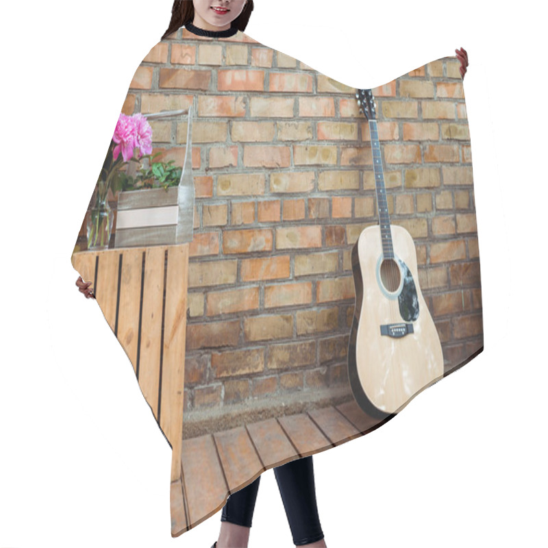 Personality  Pink Peonies In Vase Near Acoustic Guitar And Brick Wall  Hair Cutting Cape