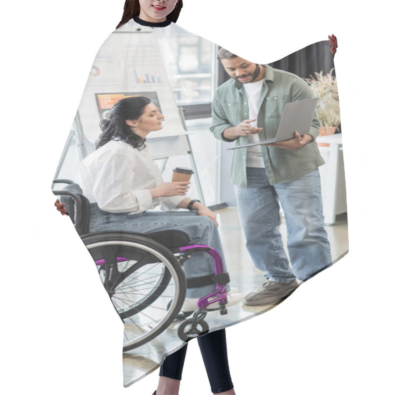 Personality  Indian Man Showing Startup Project On Laptop To Disabled Woman In Wheelchair, Inclusion Concept Hair Cutting Cape