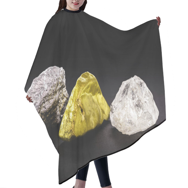 Personality  Rough Diamond Stone With Rough Gold And Silver Nuggets On Isolated Black Background. Hair Cutting Cape