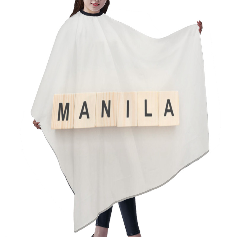 Personality  Top View Of Wooden Blocks With Manila Lettering On Grey Background Hair Cutting Cape