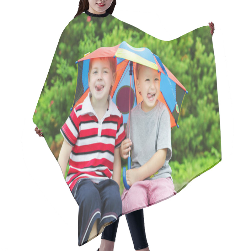 Personality  Two Funny Kids Friends Sitting Under Umbrella Outdoor. Summer Hair Cutting Cape