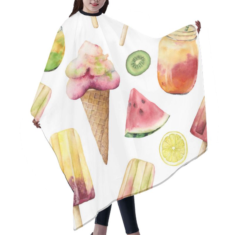 Personality  Watercolor Seamless Pattern With Ice Cream And Cocktail. Hand Painted Illustration Watermelon, Lemon, Kiwi And Strawberry Isolated On White Background. Food Illustration For Design, Print, Fabric. Hair Cutting Cape