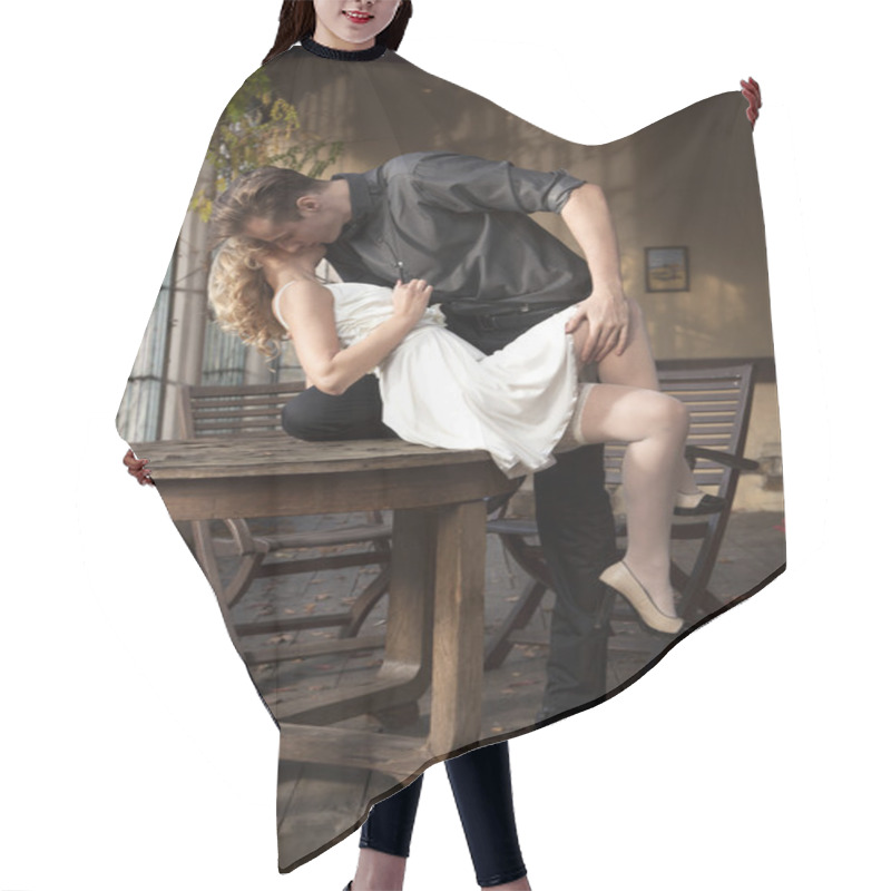 Personality  Portrait Of Young Couple In Love Posing  Hair Cutting Cape