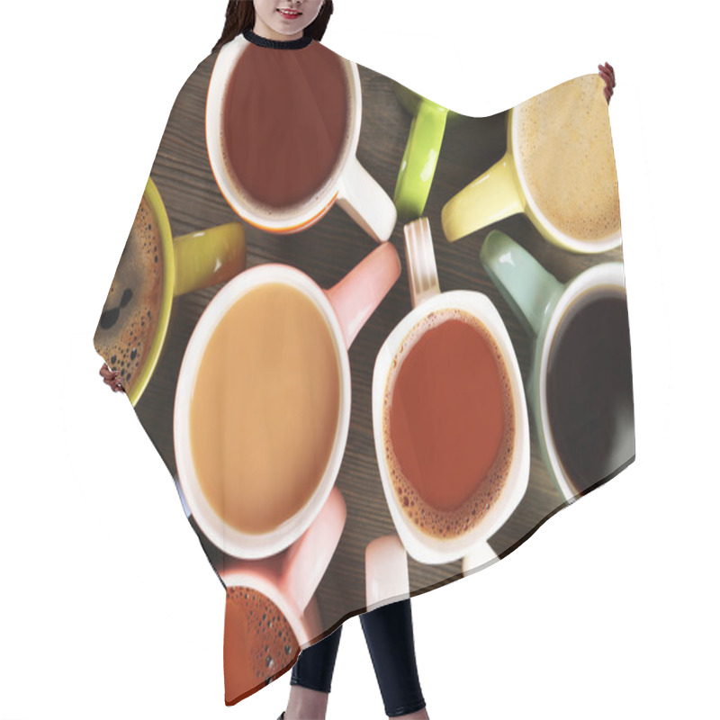 Personality  Many Cups Of Coffee On Wooden Table, Top View Hair Cutting Cape