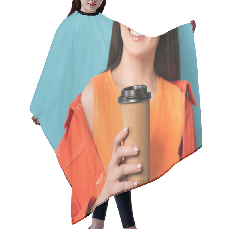 Personality  Cropped View Of Smiling Woman Holding Paper Cup With Coffee On Blue Background  Hair Cutting Cape