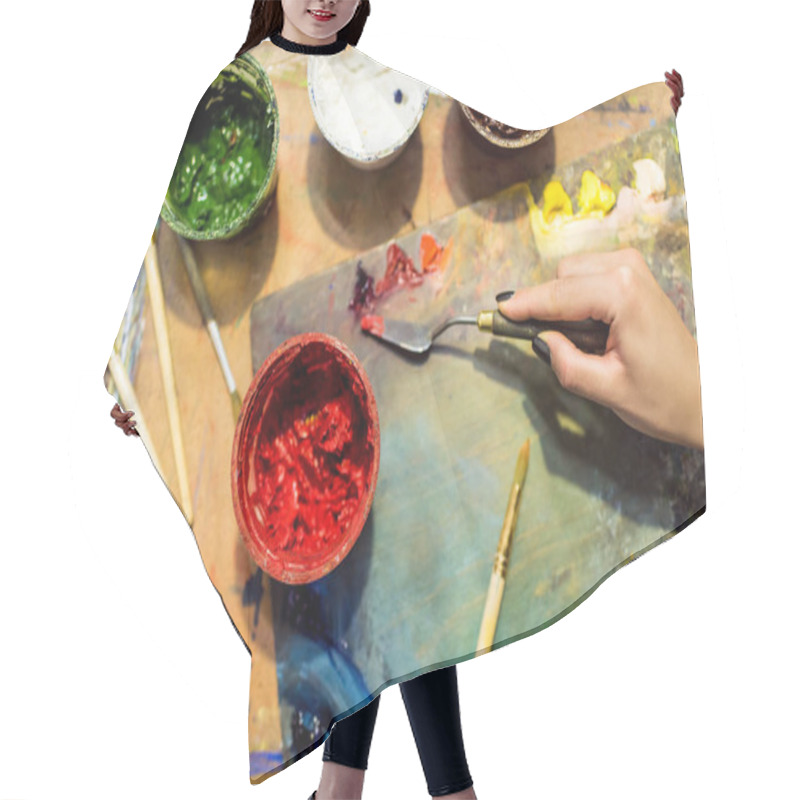 Personality  Cropped Image Of Artist Applying Paint On Palette In Workshop Hair Cutting Cape