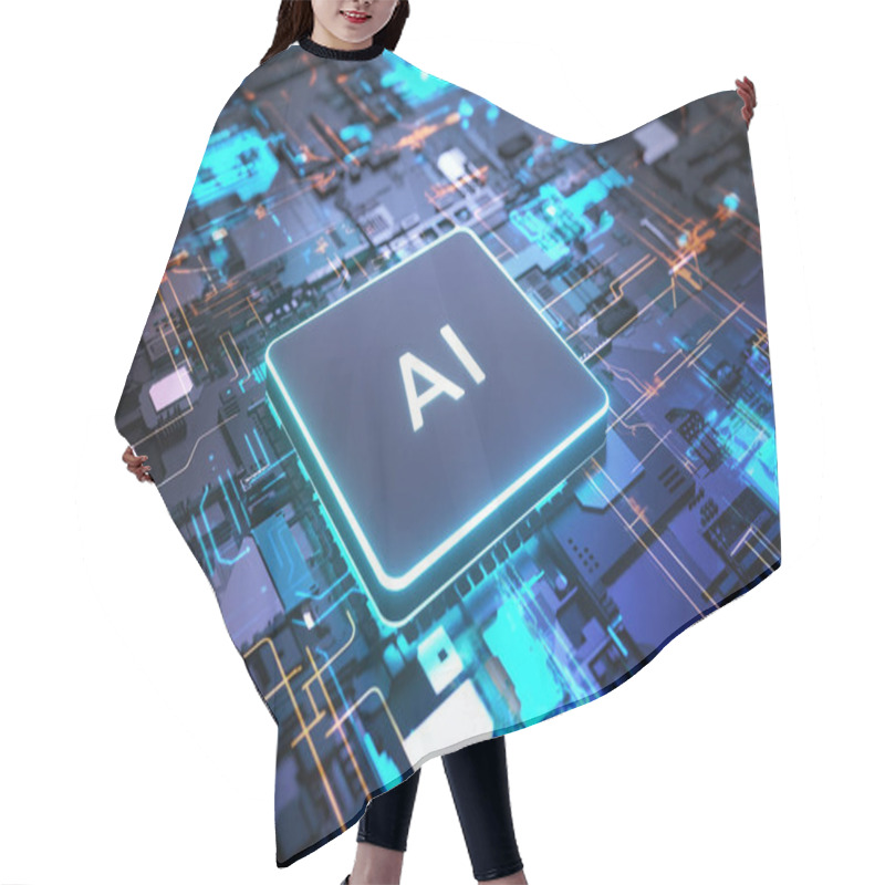 Personality  AI, Artificial Intelligence Chipset Processor On Circuit Board Working On Data Analysis, Machine Learning And Futuristic Technology Concept Hair Cutting Cape