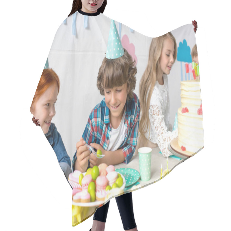 Personality  Happy Kids At Birthday Table  Hair Cutting Cape