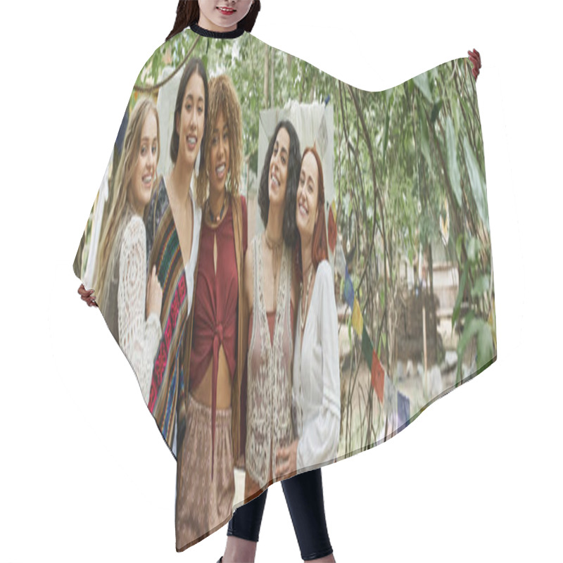 Personality  Smiling Interracial Girlfriends Looking At Camera Outdoors In Retreat Center, Banner Hair Cutting Cape