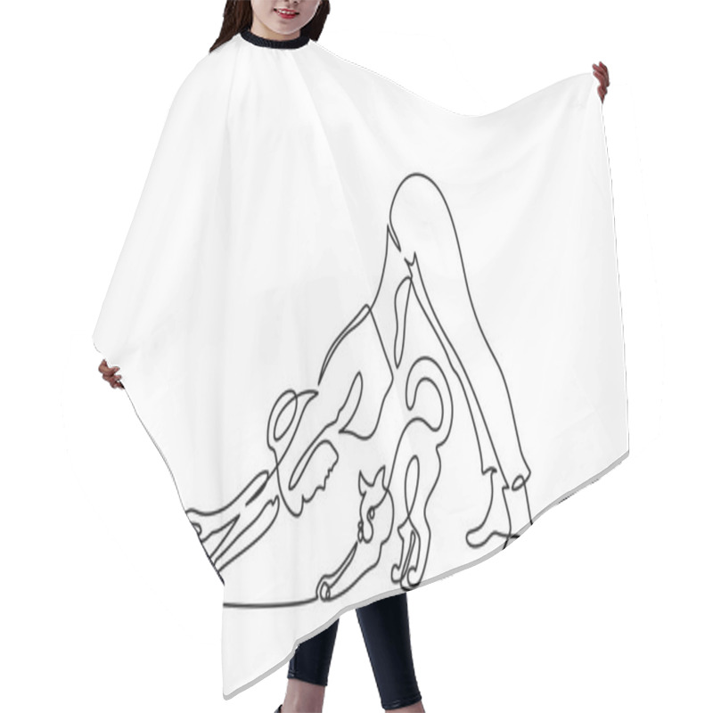 Personality  One Line Drawing. Woman Doing Yoga Dog Pose Hair Cutting Cape