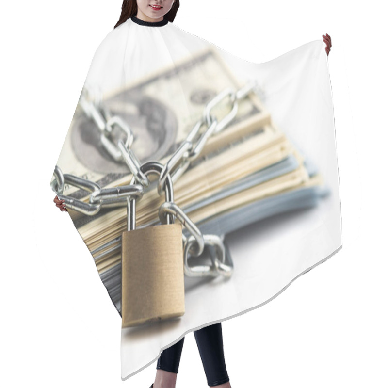 Personality  Business Safety Or Financial Protection Or Restriction Access. Heap Of Money In Chain With Padlock Isolated On White Hair Cutting Cape