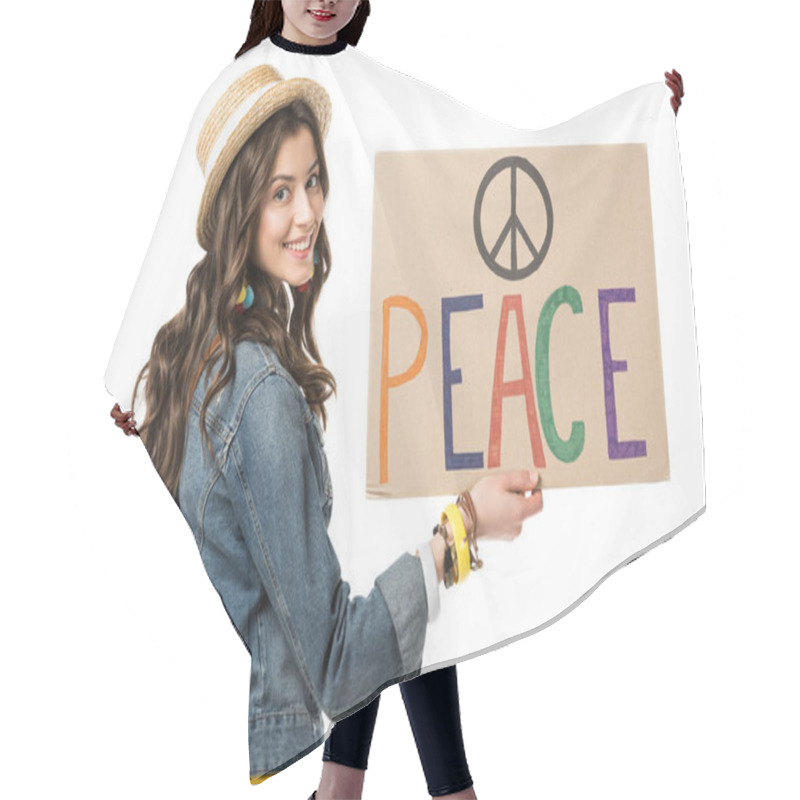 Personality  Smiling Boho Girl Holding Placard With Inscription Isolated On White Hair Cutting Cape