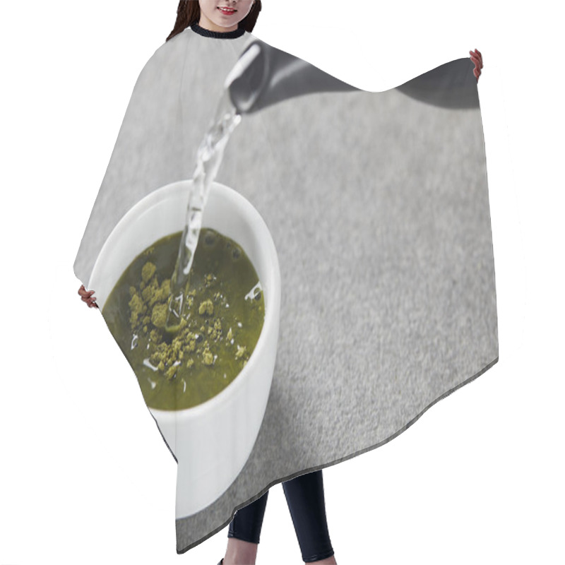 Personality  Black Kettle Pouring Water In White Cup With Green Matcha Powder Hair Cutting Cape